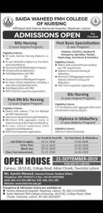 Saida waheed FMH nursing College Admissions 2019