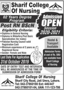 Sharif College of Nursing Admission 2019 for Post RN