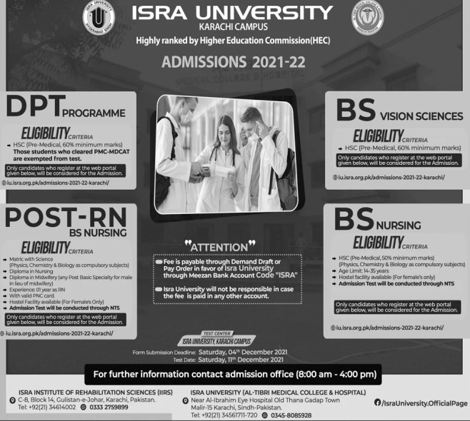 Isra School of Nursing BSN Admissions 2021-2022