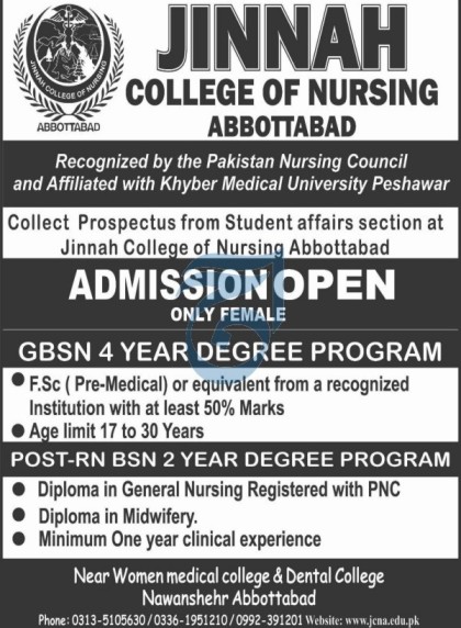 Jinnah College Of Nursing Abbottabad Admissions 2022