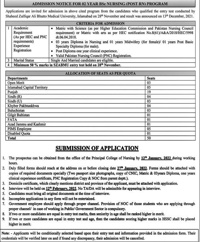 College Of Nursing / Pims Islamabad admission 2022
