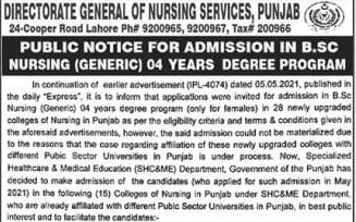 Admission open in BS Nursing at Directorate General of Nursing Service