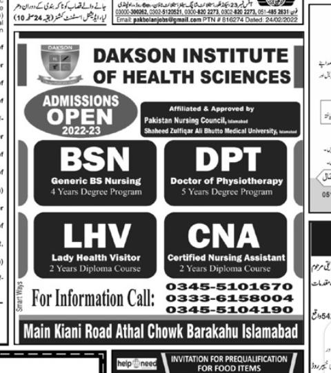 Dakson Institute Of Health Sciences Admissions for Bs Nursing DPT LHV and CNA
