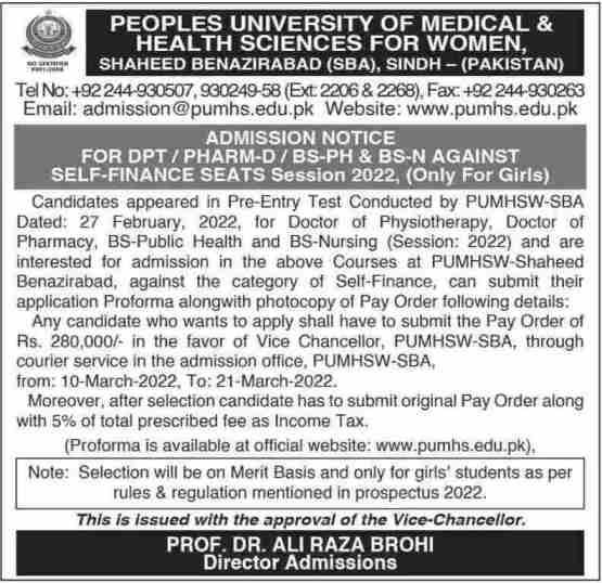 PUMHS Nawab Shah Admission in BsN(Nursing)