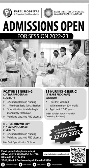 Admissions Open Patel Institute Of Nursing And Allied Health Sciences PINAHS 2022
