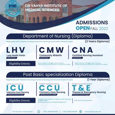 Admissions open in Yahya institute of medical science, CNA, LHV, CMW,