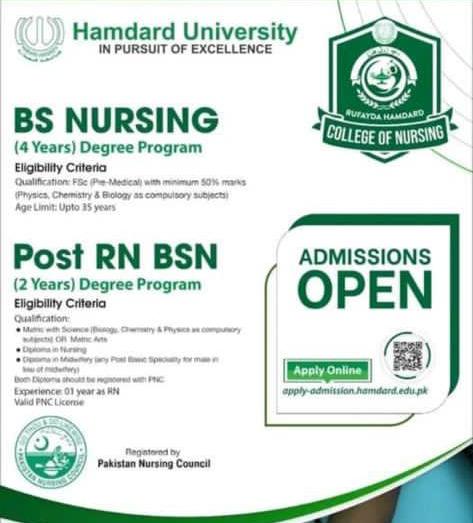 Admissions Open in Hamdard University Karachi, BSN,Post RN