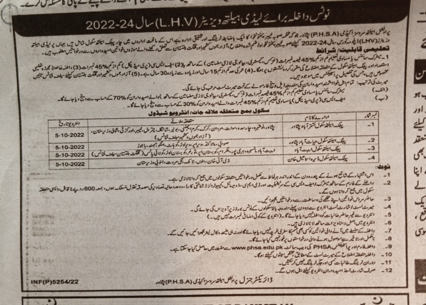 Admissions Open in Provincial Health service LHV