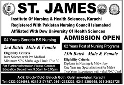 Admissions Open in ST.James, BSN, Post RN, CNA, Last date to apply is 30 October