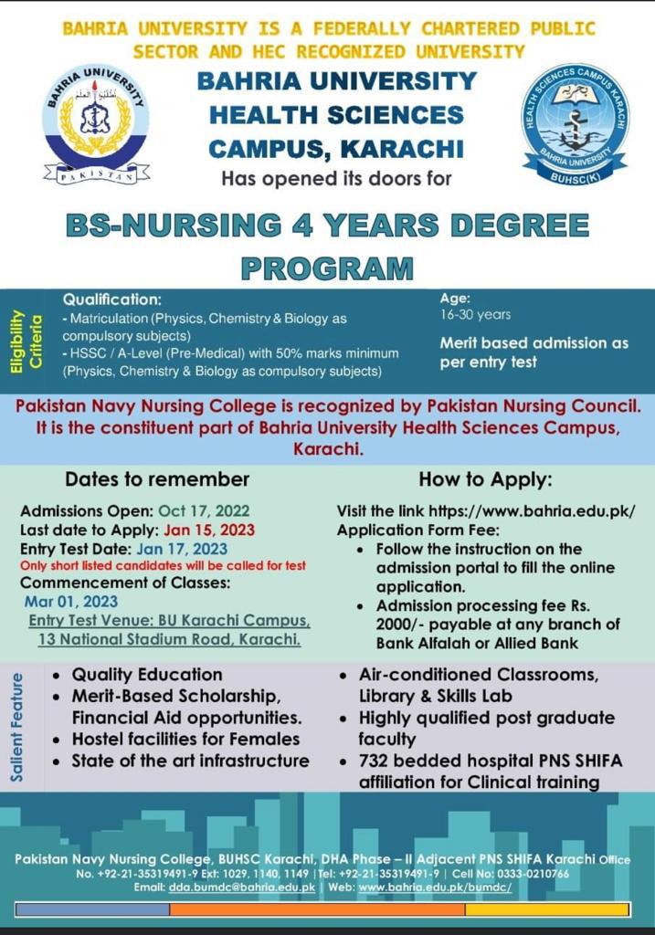 Admissions open in Bahria University, BSN, Last date to apply is 15/01/2023
