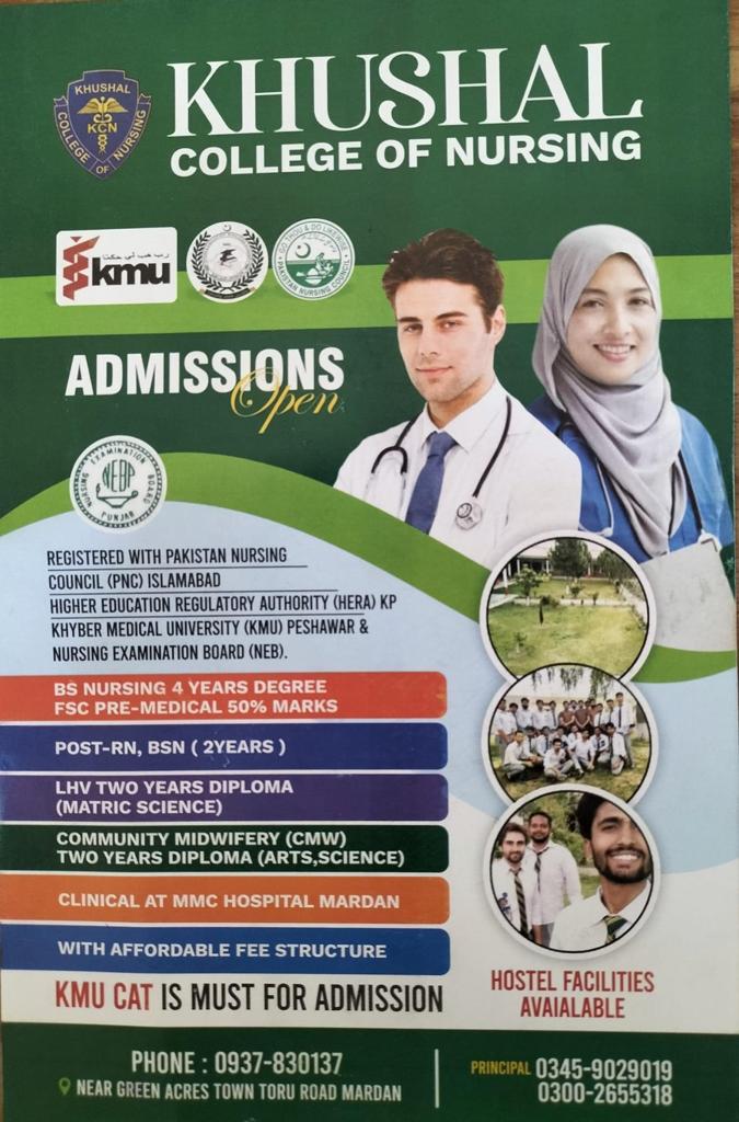 Khushal College of Nursing Admission Mardan, BSN, Post RN, CMW, LHV