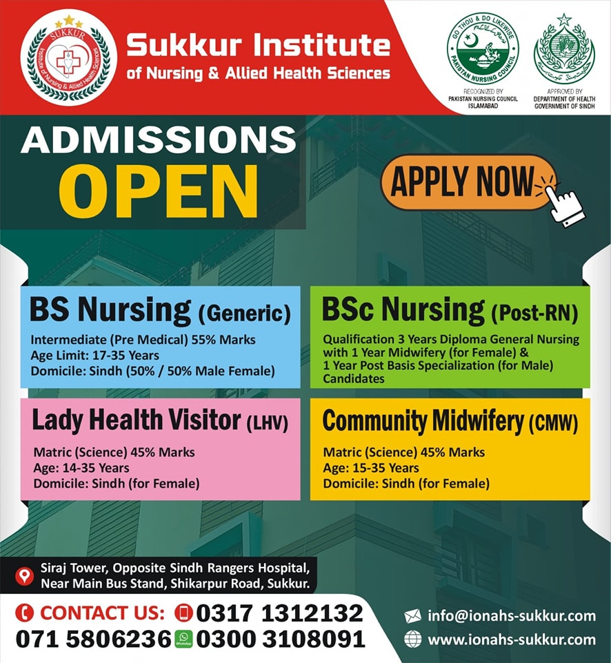 Admissions open in Sukkur institute of health sciences, BSN, Post RN, CMW, LHV