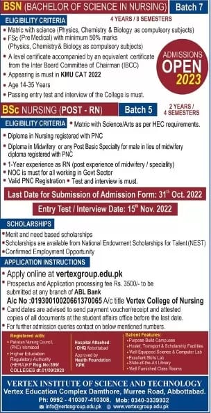 Admissions open in vertex institute of health sciences, BSN, Post RN, Last date to apply is 31/10/2022