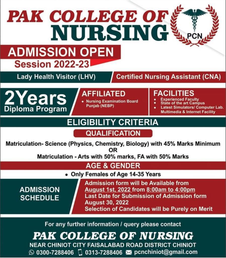 Admissions Open in Pak College of Nursing |Chiniot|