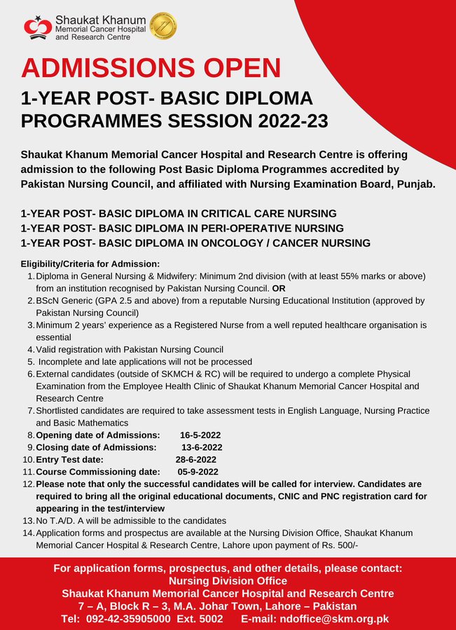 Nursing Admissions in Shaukat Khanum Memorial Cancer Hospital And Research Centre
