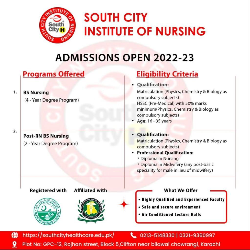 ADMISSIONS OPEN IN SOUTH CITY INSTITUTE OF NURSING |Karachi|