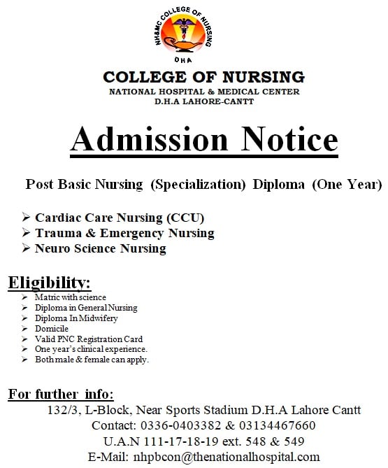 Admissions Open in NH&MC College of Nursing |Lahore Cantt|