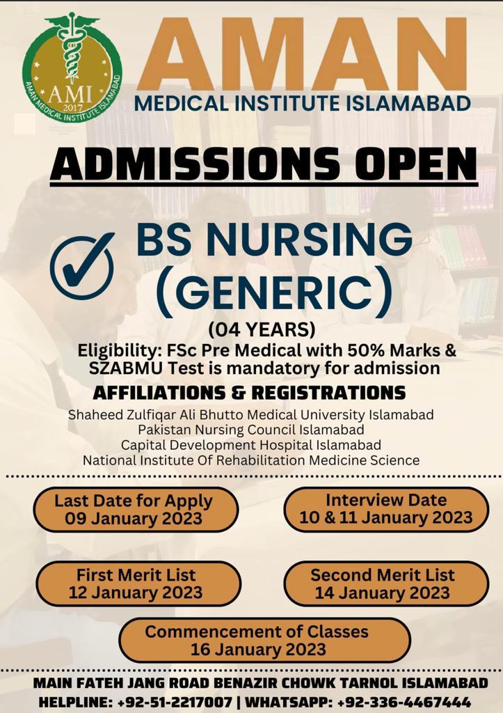 Admissions Open in Aman Medical Institute for BsN 2023 Islamabad