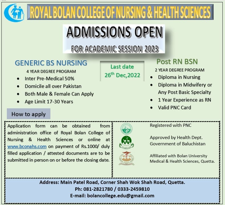 Admissions Open in Royal Bolan College of Nursing & Health Sciences |Quetta|