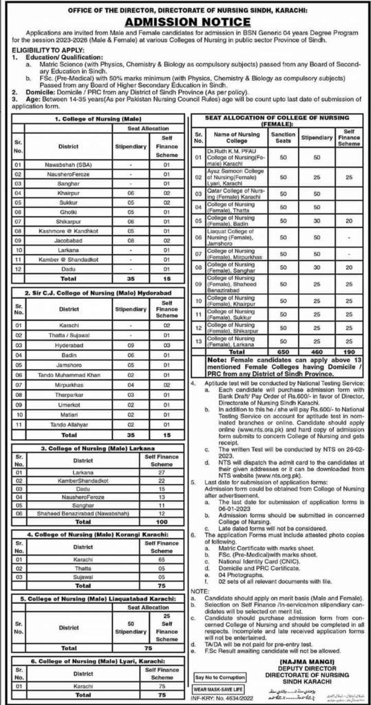 Nursing Admissions in Govt College of Sindh 2023