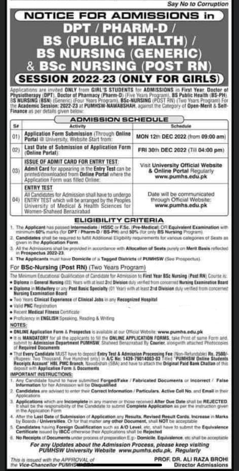 Admissions Open in People University of Medical & Health Sciences for Women