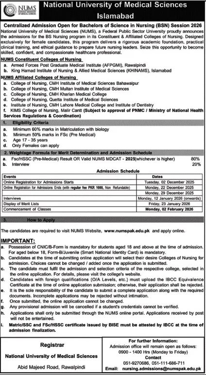 CMH Institute of Medical Sciences admission for Generic BS Nursing 2026