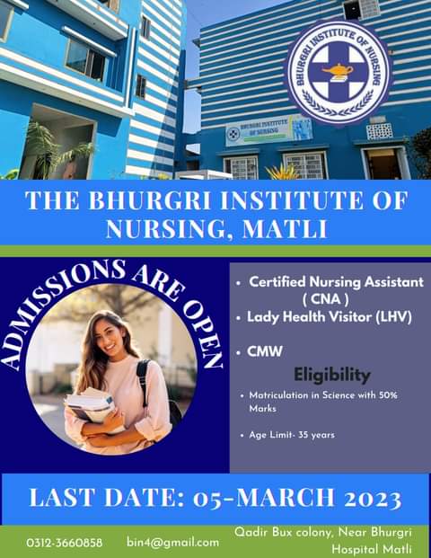 Admissions Open in Bhurgri Institute of Nursing |Matli| 2023