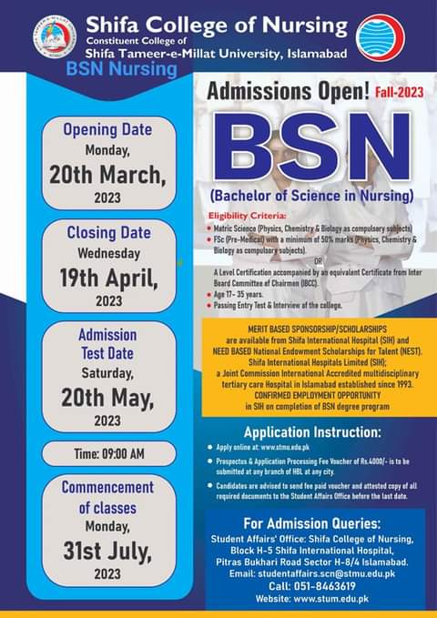 Admissions Open in Shifa College of Nursing 2023