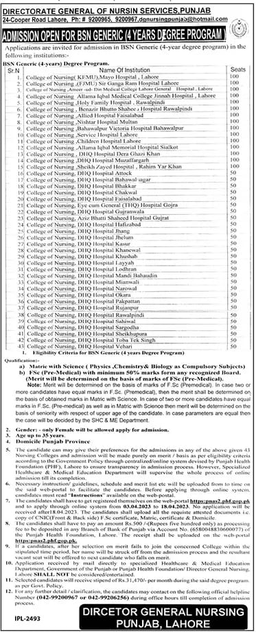 Admissions Open in College Of Nursing KEMU Mayo Hospital