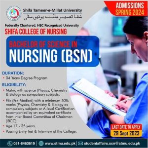 Admissions Open in Shifa College of Nursing (Shifa Tameer-e-Millat University) 2023