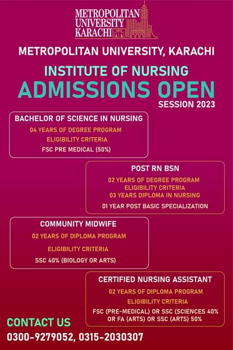 Nursing Admissions in Metropolitan University Karachi 2023