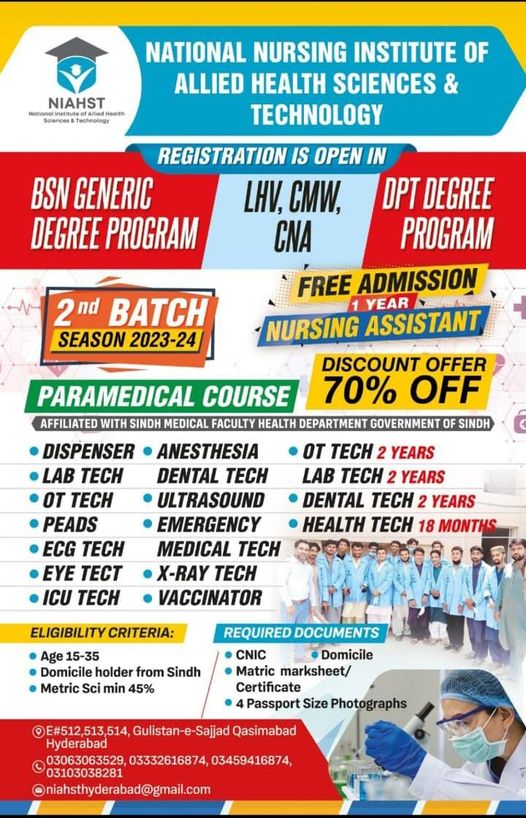 Admissions Open in National Nursing Institute Of Allied Health Sciences Technology 2023