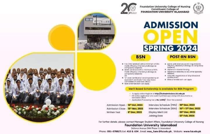 Admission open in Foundation University College Of Nursing FUNC |Islamabad| 2023