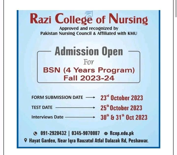 Admissions Open in Razi College of Nursing 2023 |Peshawar|