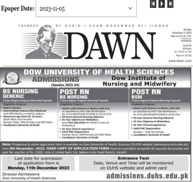 Dow Institute of Nursing Admission 2024 by Nursingscholar.net