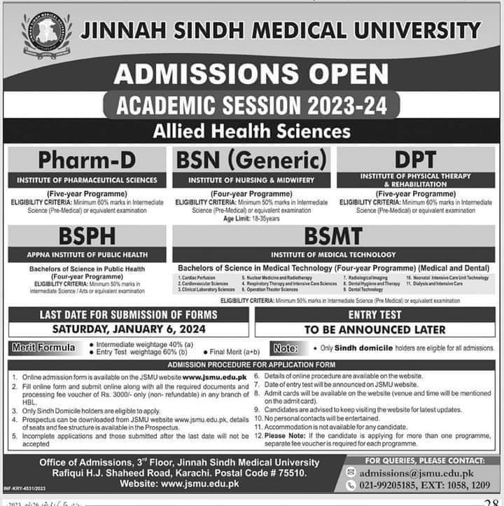 Jinnah Sindh Medical University Nursing Karachi 2023