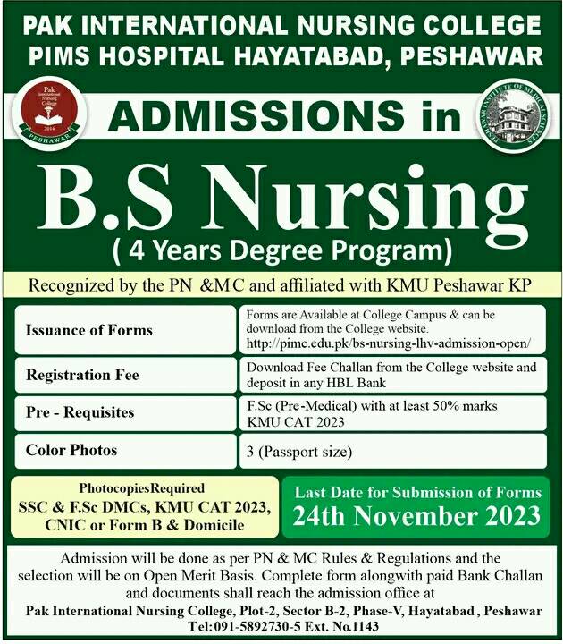 Admissions Open in Pak International Nursing College Peshawar 2024 by nursingscholar.net