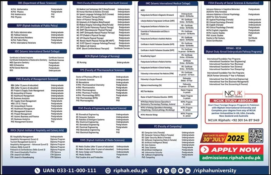 Riphah International University, Islamabad, RIU admission open