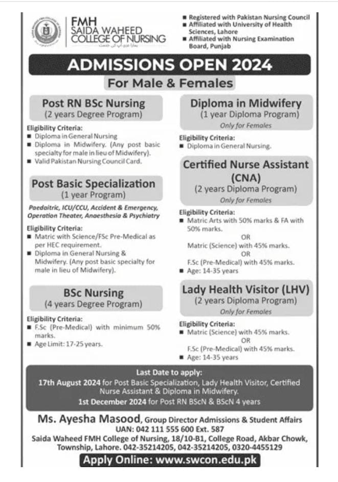 Saida Waheed FMH College of Nursing Lahore 2024