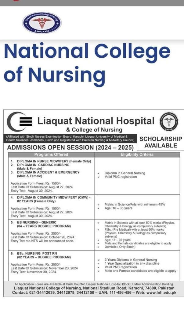 Admission open in Liaquat National College of Nursing  2024