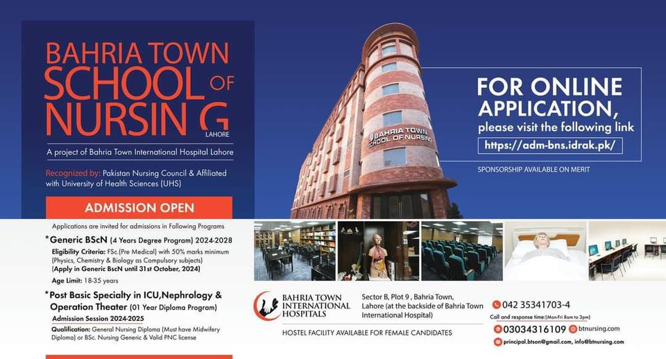 Bahria Town School of Nursing Admission Lahore 2025