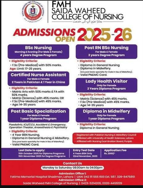 Saida Waheed FMH College of Nursing Lahore 2026