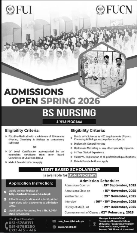 Admission open in Foundation University College Of Nursing FUNC |Islamabad| 2026